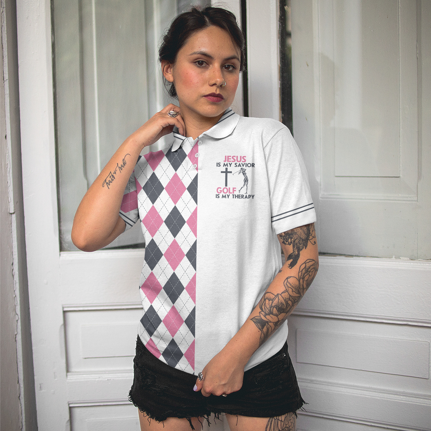 Jesus Is My Savior Golf Is My Therapy Short Sleeve Women Polo Shirt, Argyle Pattern Golf Shirt For Ladies