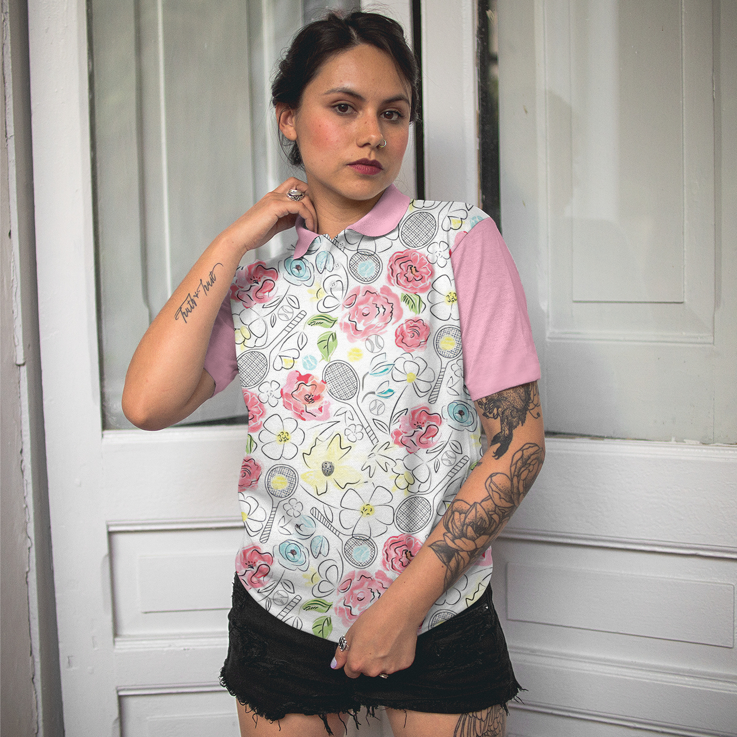 Lovely Pink Floral Tennis Pattern Short Sleeve Women Polo Shirt