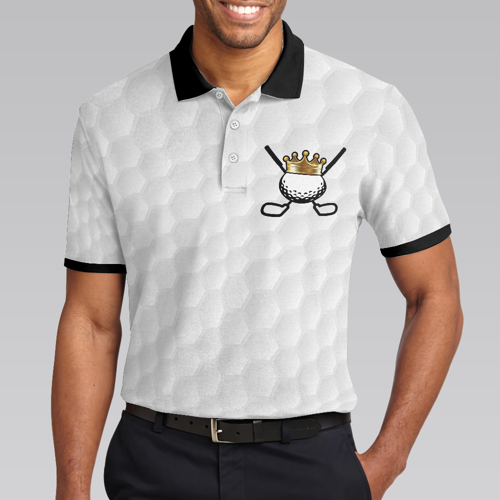 King Of Golf Black And White Polo Shirt For Men, Golf Texture Golfer On Throne Polo Shirt