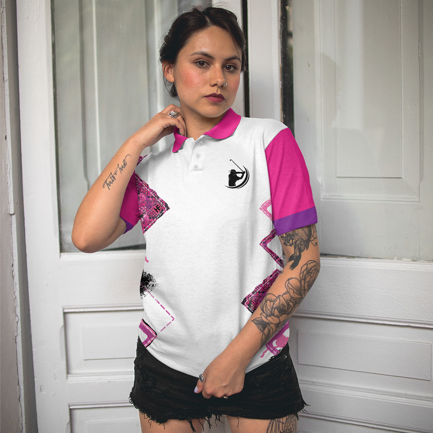 Housework Is For Women Who Don't Play Golf Short Sleeve Women Polo Shirt, White And Pink Argyle Pattern Golf Shirt For Ladies