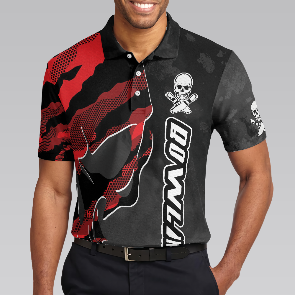 Coolest Skull Bowling With Camouflage Pattern Bowling Polo Shirt, Camo Bowling Shirt For Men