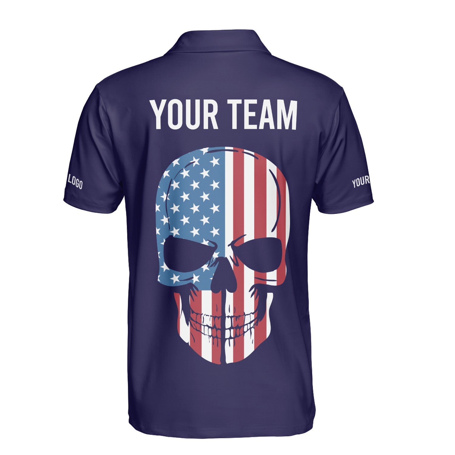 Personalized Retro Patriotic Golf Polo Shirt with American Flag Skull Design