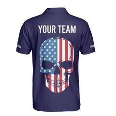 Personalized Retro Patriotic Golf Polo Shirt with American Flag Skull Design