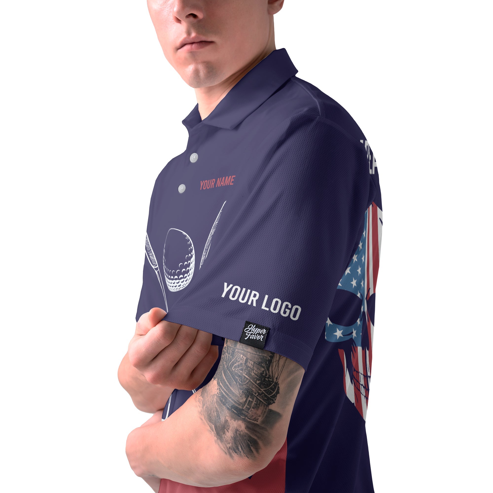 Personalized Retro Patriotic Golf Polo Shirt with American Flag Skull Design