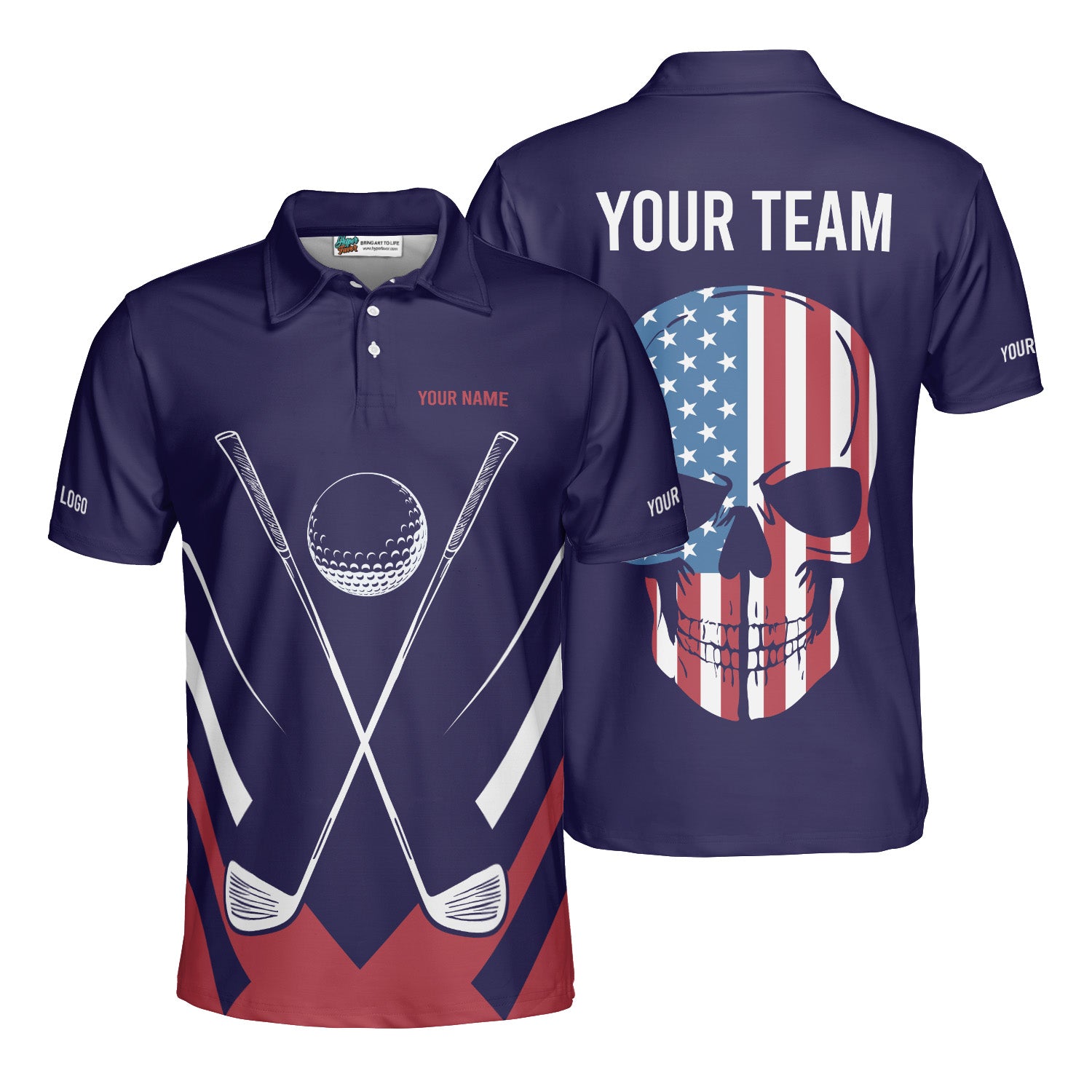Personalized Retro Patriotic Golf Polo Shirt with American Flag Skull Design