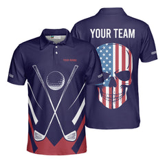 Personalized Retro Patriotic Golf Polo Shirt with American Flag Skull Design