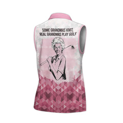 Personalized Some Grandmas Knit Real Grandmas Play Golf Sleeveless Polo Shirt in Pink and White