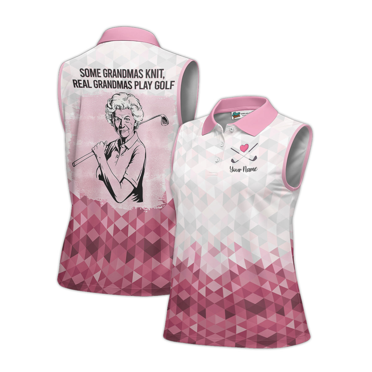 Personalized Some Grandmas Knit Real Grandmas Play Golf Sleeveless Polo Shirt in Pink and White