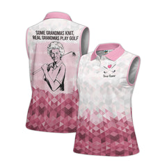Personalized Some Grandmas Knit Real Grandmas Play Golf Sleeveless Polo Shirt in Pink and White