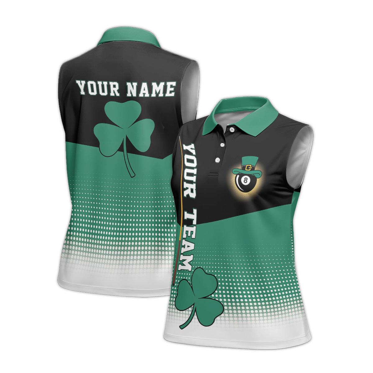 Personalized St. Patrick’s Day Women’s Sleeveless Billiard Polo Shirt with Shamrock and 8-Ball
