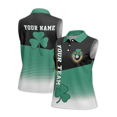 Personalized St. Patrick’s Day Women’s Sleeveless Billiard Polo Shirt with Shamrock and 8-Ball