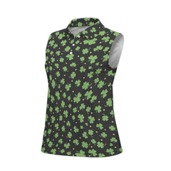 St. Patrick’s Day Black Clover Print Women’s Sleeveless Golf Polo Shirt