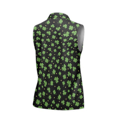 St. Patrick’s Day Black Clover Print Women’s Sleeveless Golf Polo Shirt