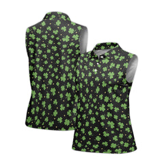 St. Patrick’s Day Black Clover Print Women’s Sleeveless Golf Polo Shirt