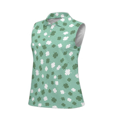 St. Patrick’s Day Clover Print Women’s Sleeveless Golf Polo Shirt