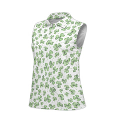 St. Patrick’s Day White Clover Print Women’s Sleeveless Golf Polo Shirt