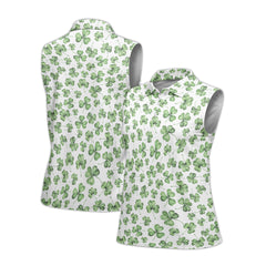 St. Patrick’s Day White Clover Print Women’s Sleeveless Golf Polo Shirt