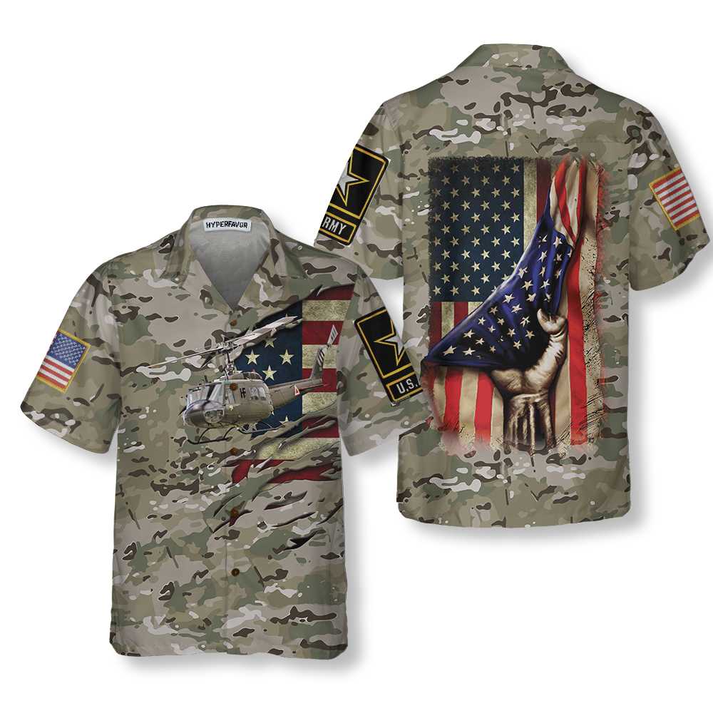 3D Helicopter Camouflage Hawaiian Shirt, Helicopter American Flag Shirt For Men, Proud Helicopter Gift Idea - Hyperfavor