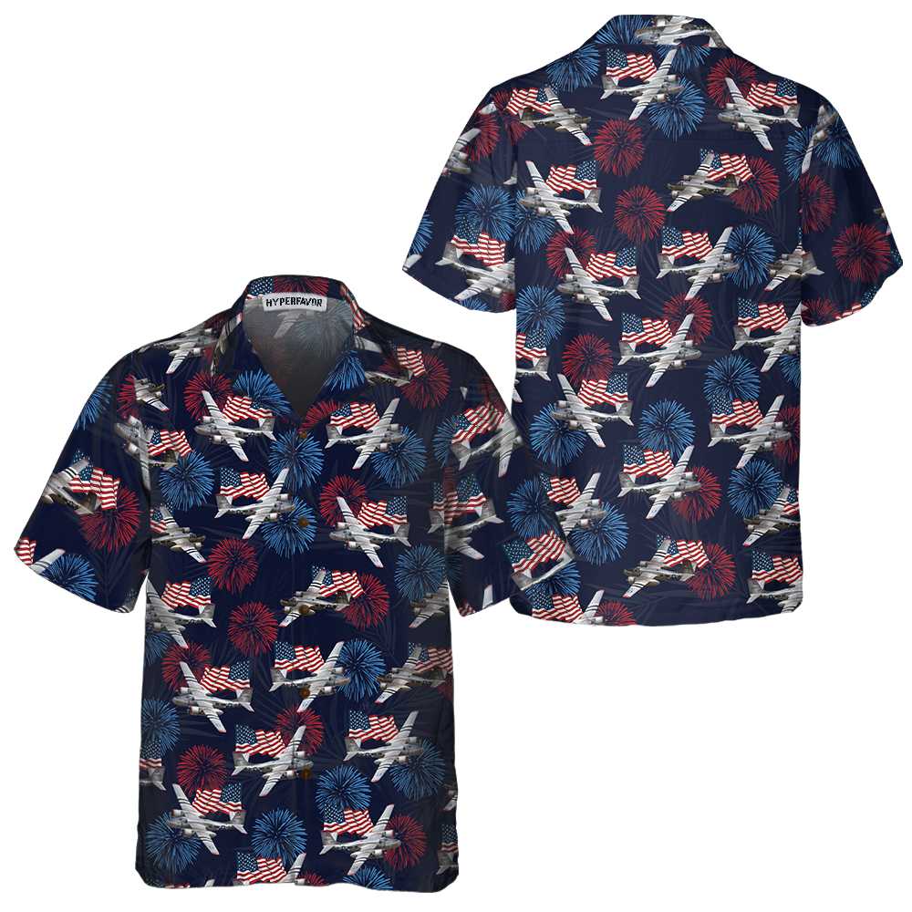 A-26 Invader Aircraft Hawaiian Shirt, American Flag And Firework Military Airplane Shirt For Men - Hyperfavor