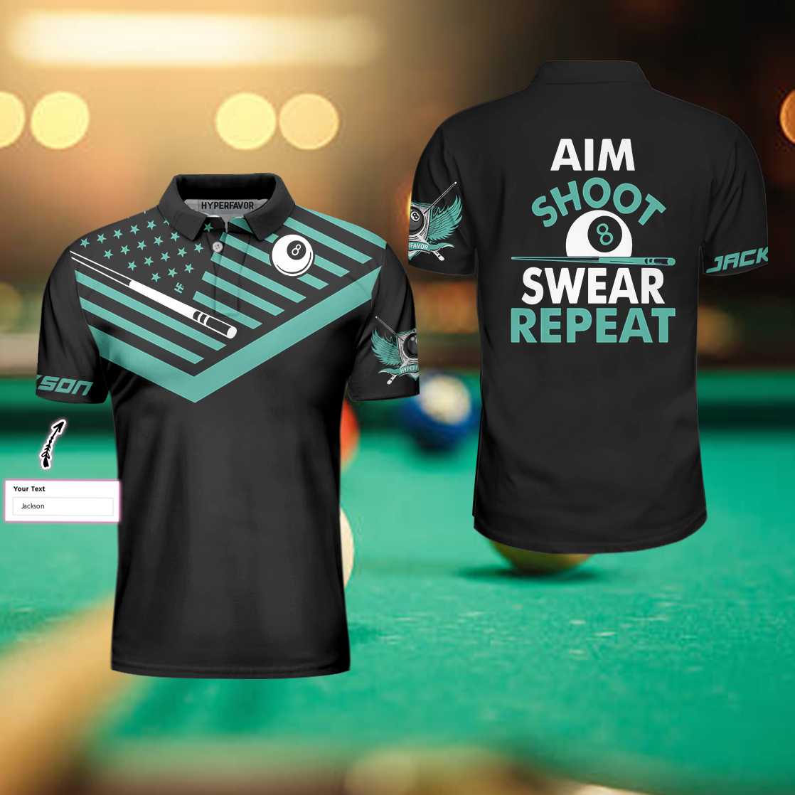 Aim Shoot Swear Repeat Billiards Custom Polo Shirt, Customized American Flag Billiards Shirt For Billards Lovers - Hyperfavor
