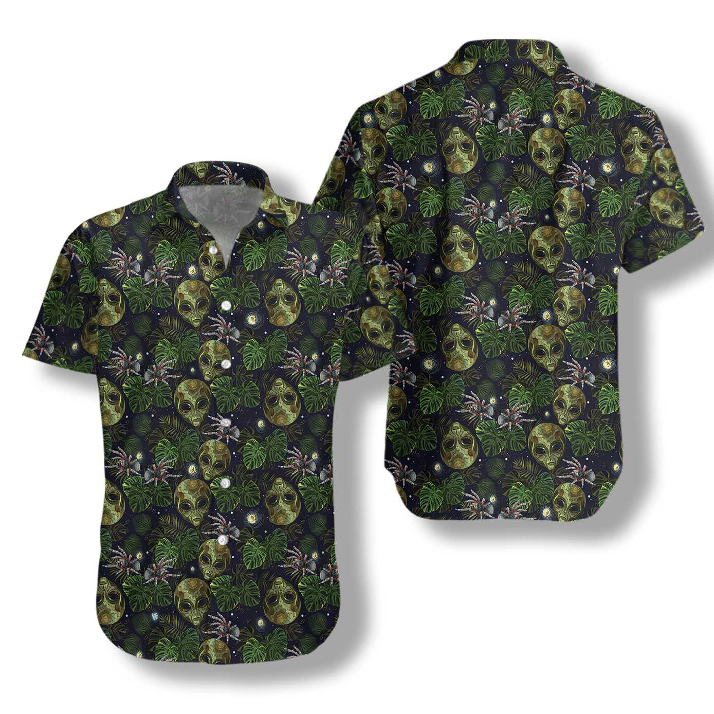 Alien And Spider In Night Tropical Forest Hawaiian Shirt - Hyperfavor