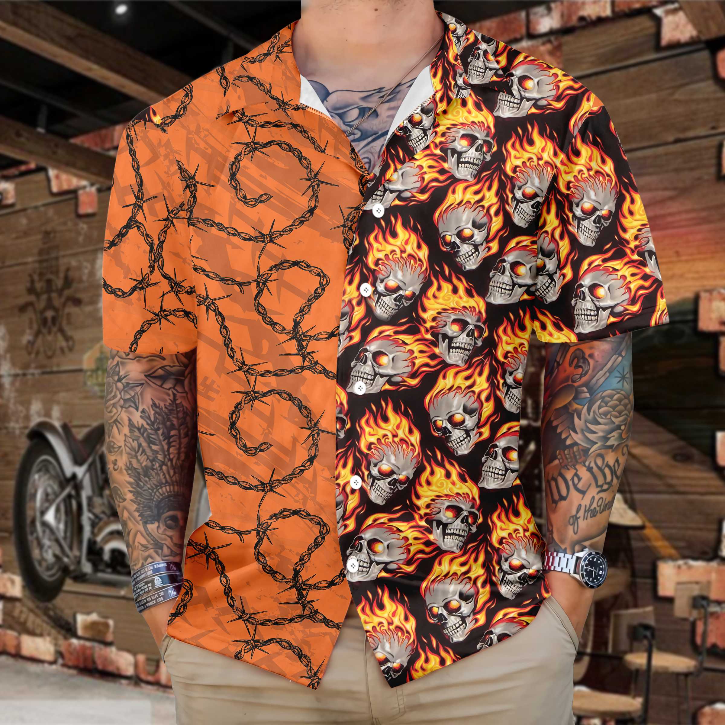 Barbwire Fire Skull Biker Motorcycle Hawaiian Shirt, Unique Gift For Bikers - Hyperfavor