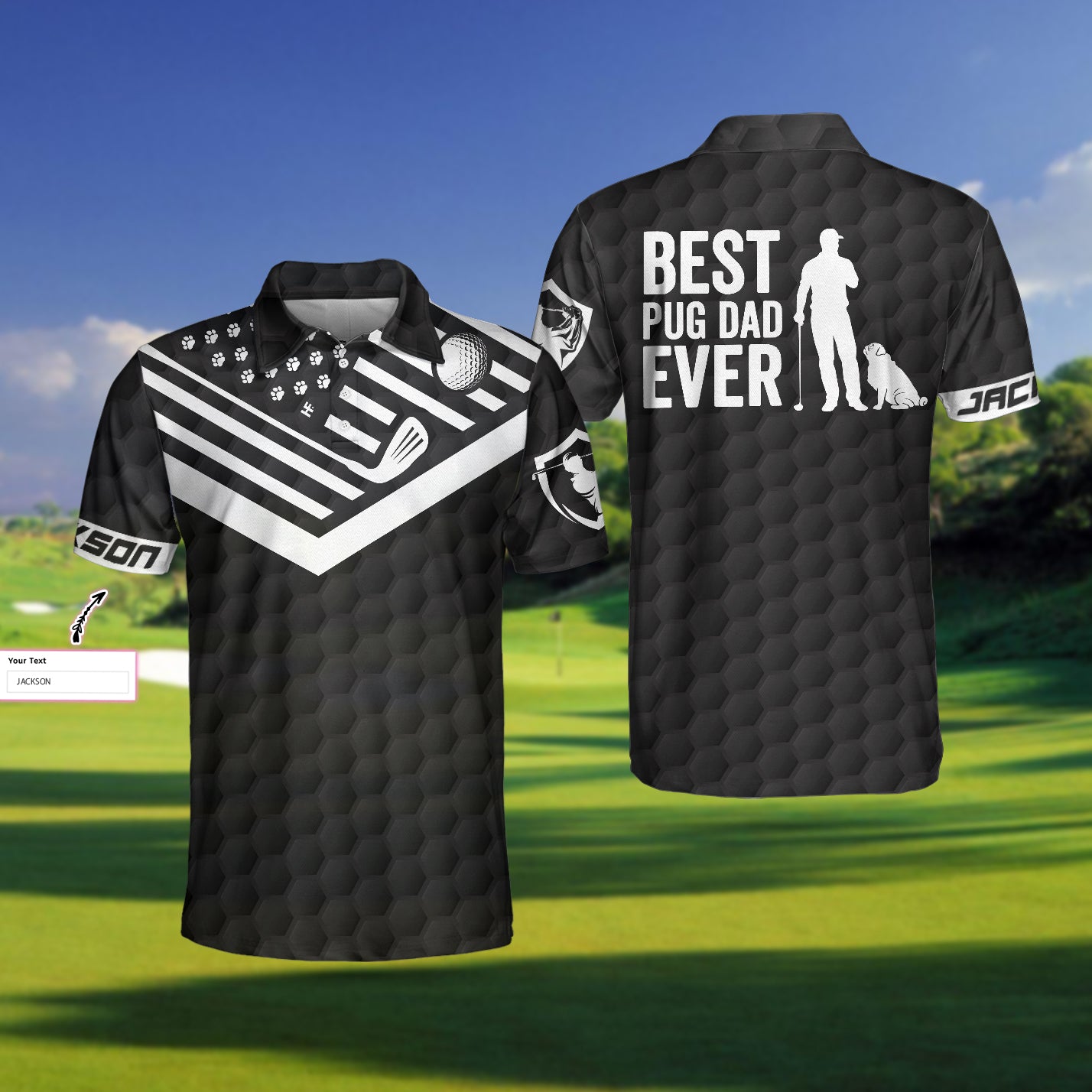 Best Pug Dad Ever Golfer Custom Polo Shirt, Personalized Black American Flag Golf Shirt For Men, Golf Shirt For Pug Lovers - Hyperfavor