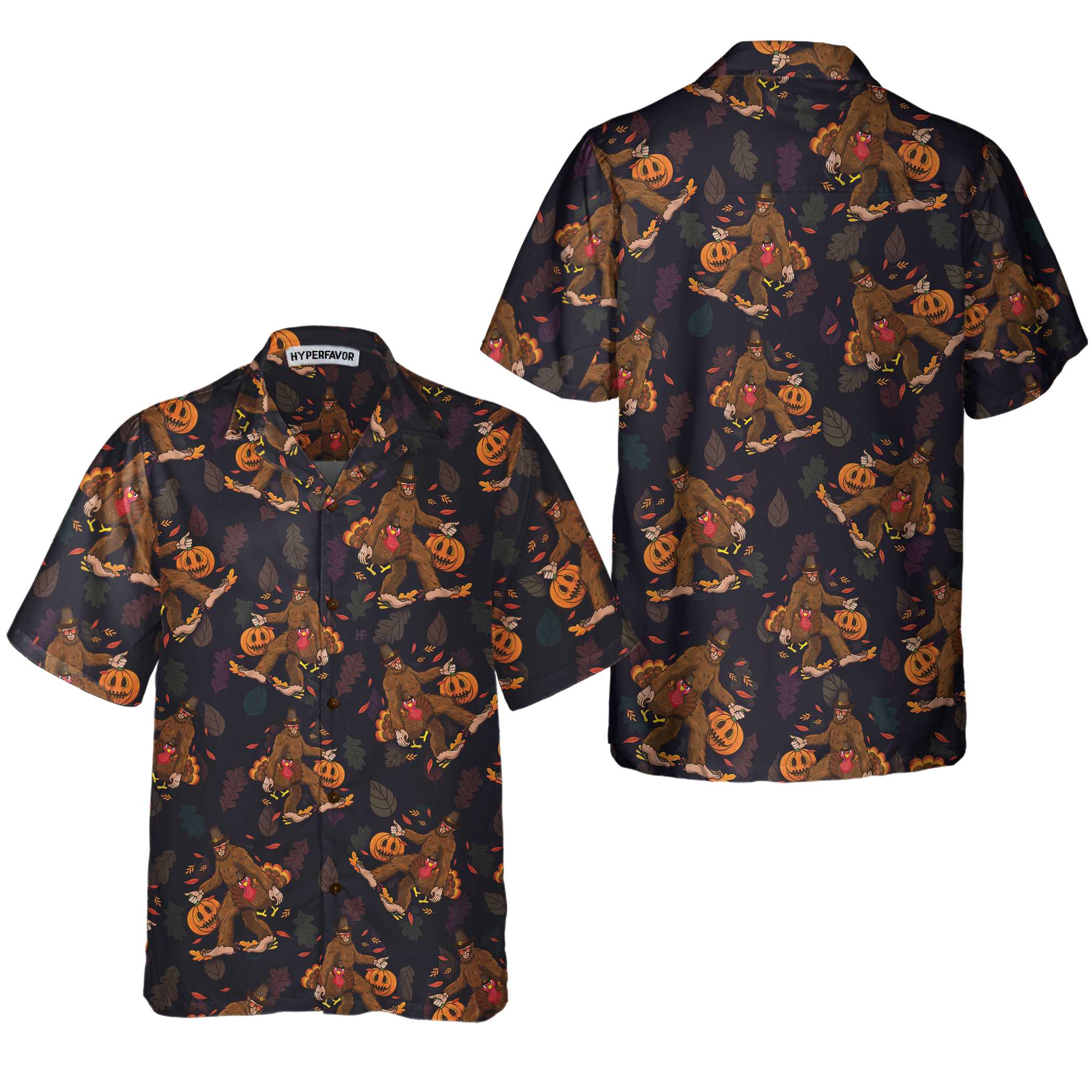 Bigfoot Grabbing Turkey And Pumpkin Hawaiian Shirt, Funny Thanksgiving Bigfoot Shirt, Best Gift For Thanksgiving Day - Hyperfavor