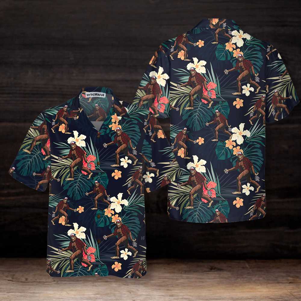 Bigfoot With Tropical Leaves Funny Halloween Hawaiian Shirt, Best Halloween Shirt For Men And Women - Hyperfavor