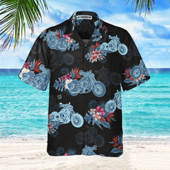 Biker Blue Tropical Flower Pattern Motorcycle Hawaiian Shirt, Unique Gift For Bikers - Hyperfavor