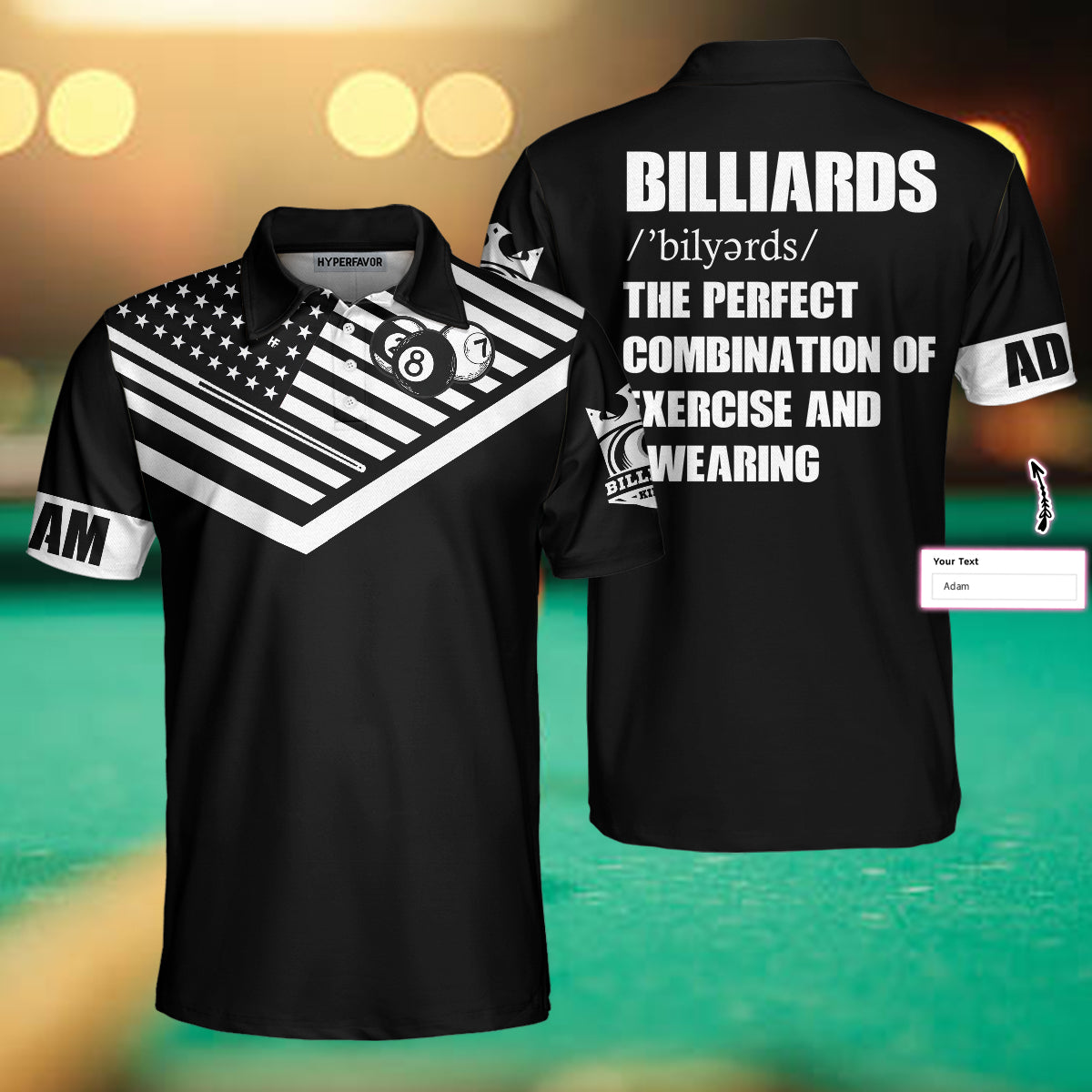 Billiards Excercise And Swearing Custom Polo Shirt, Black And White American Flag Billiards Shirt - Hyperfavor