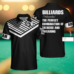 Billiards Excercise And Swearing Custom Polo Shirt, Black And White American Flag Billiards Shirt - Hyperfavor