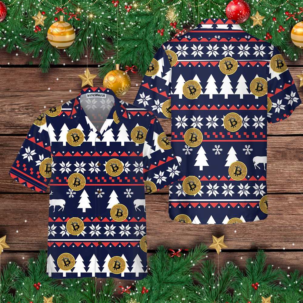 Bitcoin Ugly Christmas Pattern Hawaiian Shirt, Funny Christmas Hawaiian Shirt For Men - Hyperfavor