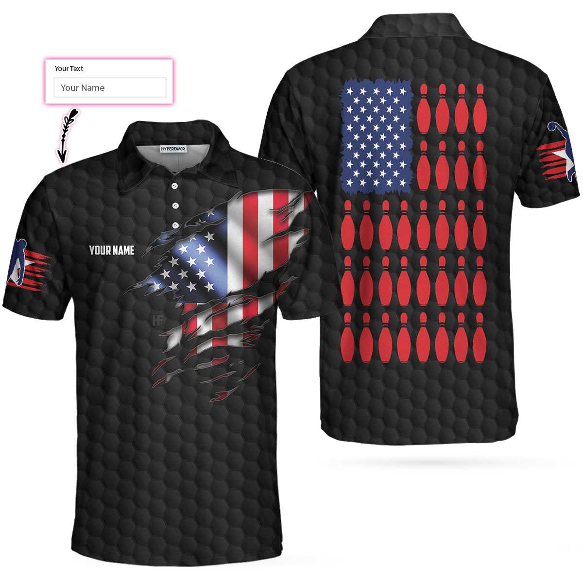 Black American Flag Bowling Custom Polo Shirt, Personalized American Flag Bowling Shirt For Bowling Fans - Hyperfavor