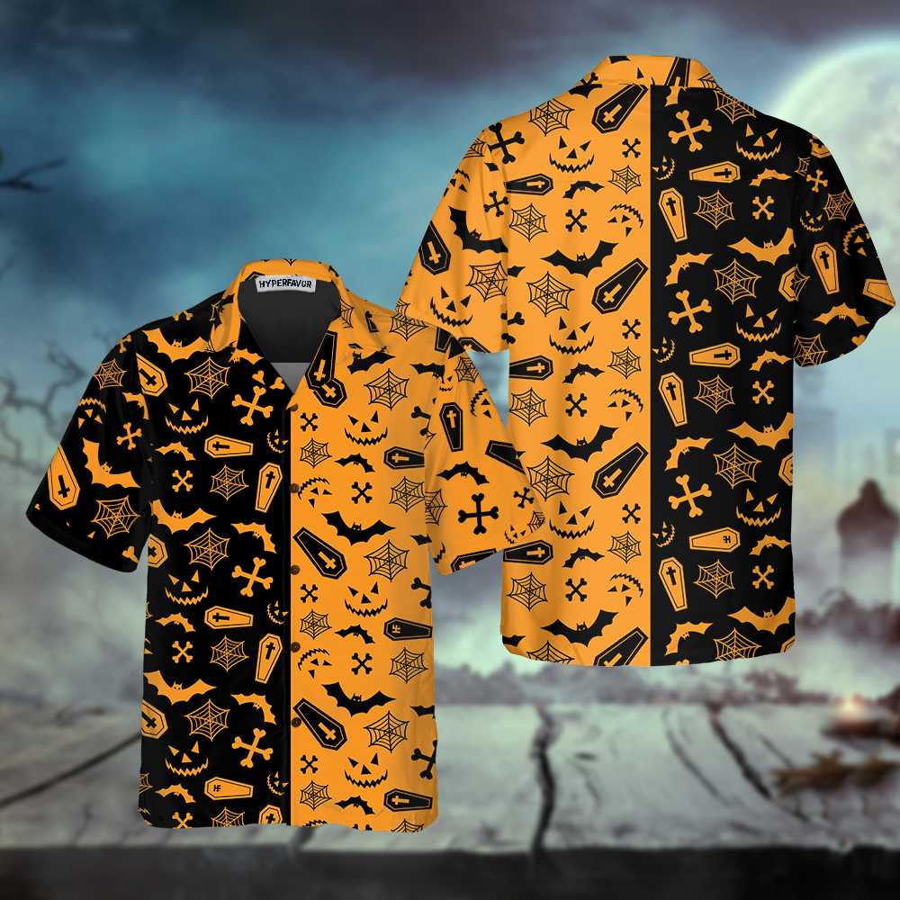 Black And Orange Spooky Halloween Hawaiian Shirt, Halloween Seamless Pattern Shirt, Best Halloween Gift Ideas - Hyperfavor