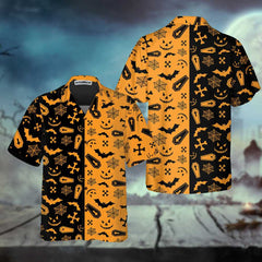 Black And Orange Spooky Halloween Hawaiian Shirt, Halloween Seamless Pattern Shirt, Best Halloween Gift Ideas - Hyperfavor