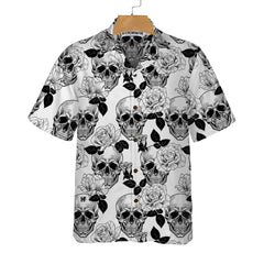 Black And White Skull Roses Hawaiian Shirt, Seamless Pattern Skull Shirt - Hyperfavor