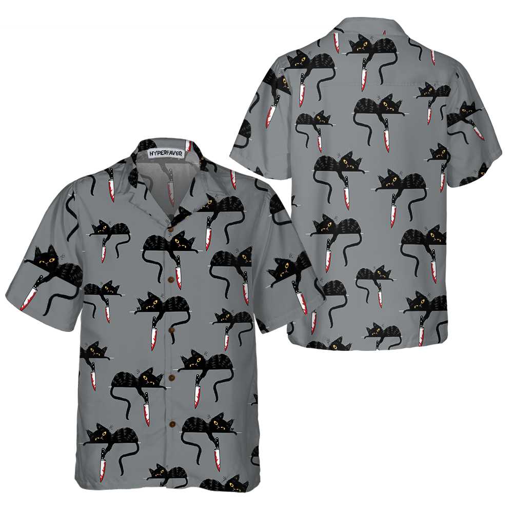Black Cat With Knife Hawaiian Shirt, Funny Black Cat Shirt For Adults, Cat Themed Gift For Cat Lovers - Hyperfavor