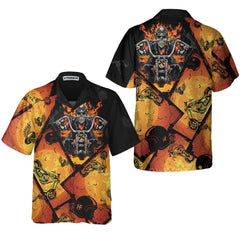 Black Orange Layout Skull Biker Motorcycle Hawaiian Shirt, Flame Skull Motorcycle Shirt, Gift For Bikers - Hyperfavor