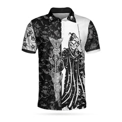 Black & White Fish Reaper With Grim Reaper, Fish Bone & Fishing Rod Polo Shirt - Hyperfavor