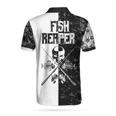 Black & White Fish Reaper With Grim Reaper, Fish Bone & Fishing Rod Polo Shirt - Hyperfavor