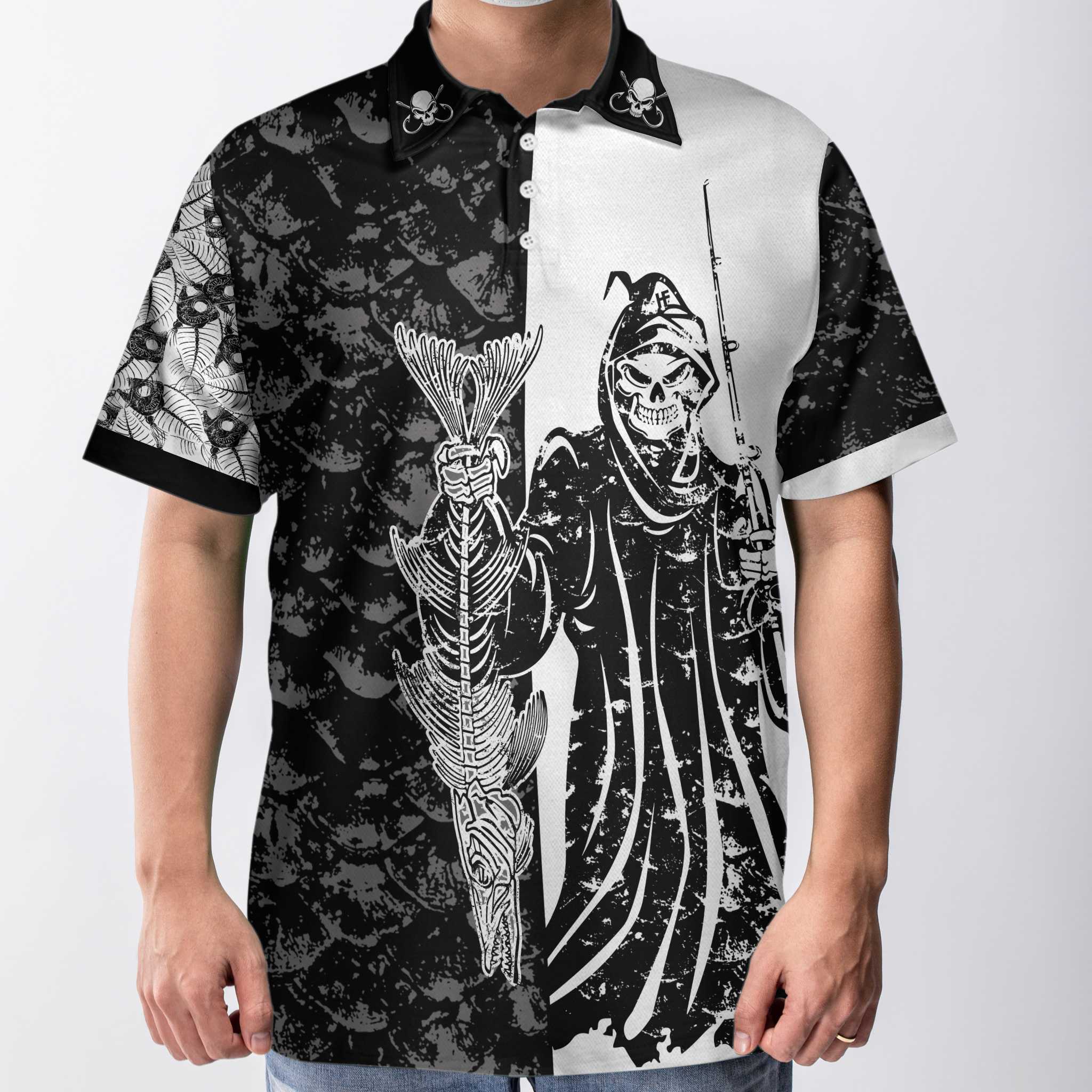 Black & White Fish Reaper With Grim Reaper, Fish Bone & Fishing Rod Polo Shirt - Hyperfavor