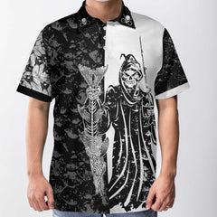 Black & White Fish Reaper With Grim Reaper, Fish Bone & Fishing Rod Polo Shirt - Hyperfavor