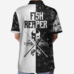 Black & White Fish Reaper With Grim Reaper, Fish Bone & Fishing Rod Polo Shirt - Hyperfavor