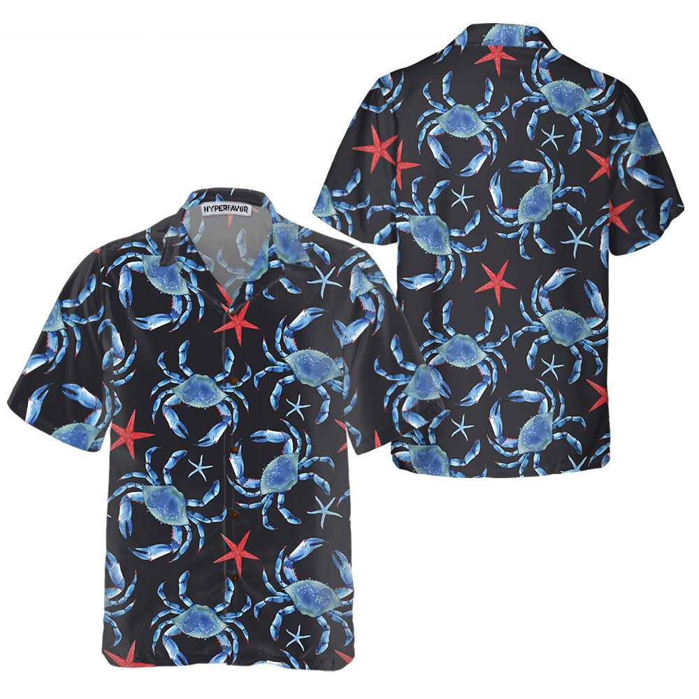 Blue Crab And Starfish Pattern Crab Hawaiian Shirt, Blue Crab Shirt For Men & Women, Best Crab Gift - Hyperfavor