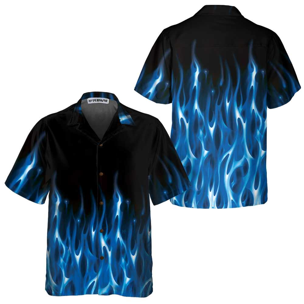 Blue Flame Hawaiian Shirt, Short Sleeve Flame Shirt For Men, Flame Print Shirt - Hyperfavor