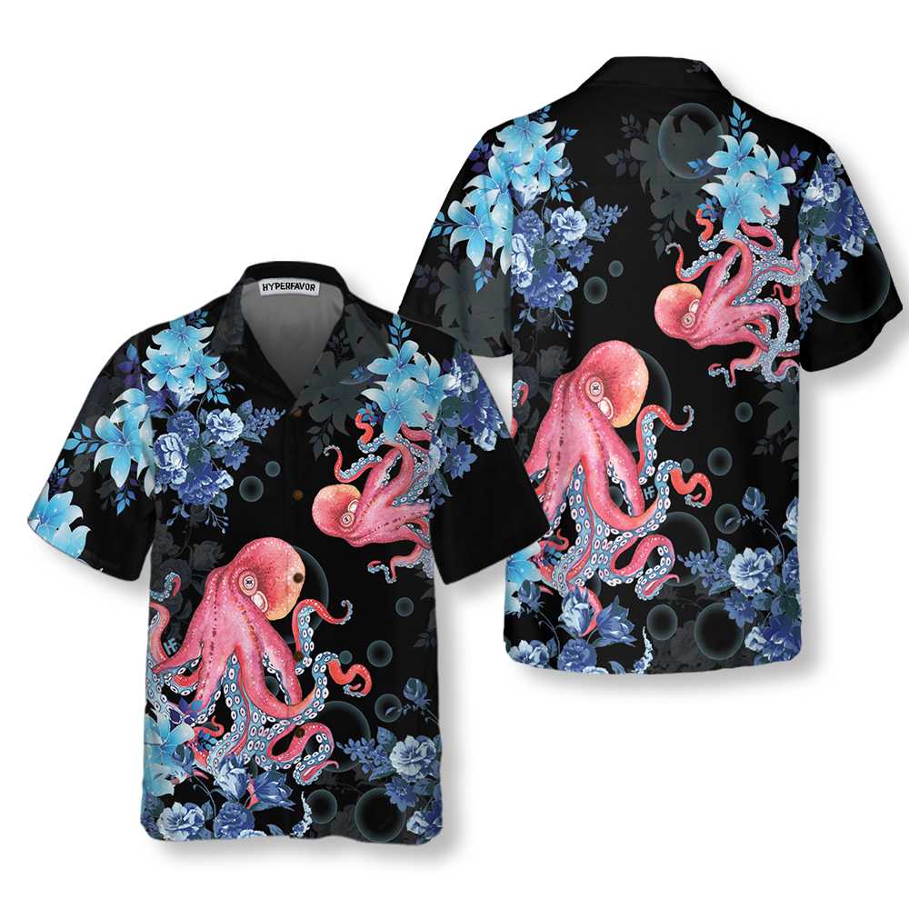 Blue Floral And Octopus Hawaiian Shirt, Short Sleeve Octopus Shirt For Men - Hyperfavor