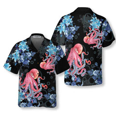 Blue Floral And Octopus Hawaiian Shirt, Short Sleeve Octopus Shirt For Men - Hyperfavor