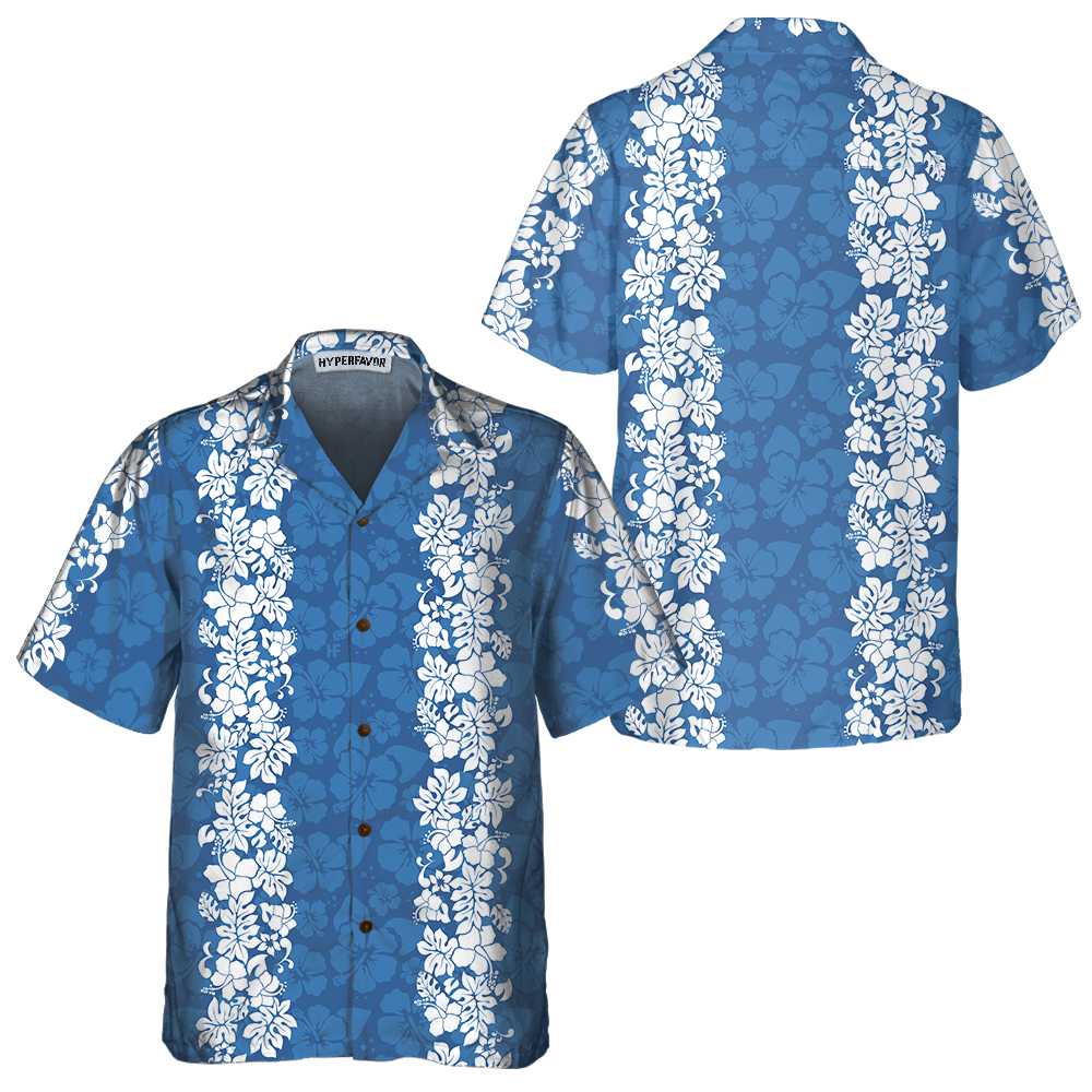 Blue Hibiscus Pattern Hawaiian Shirt, Short Sleeve Vintage White And Blue Hibiscus Print Shirt - Hyperfavor