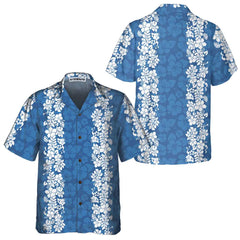 Blue Hibiscus Pattern Hawaiian Shirt, Short Sleeve Vintage White And Blue Hibiscus Print Shirt - Hyperfavor